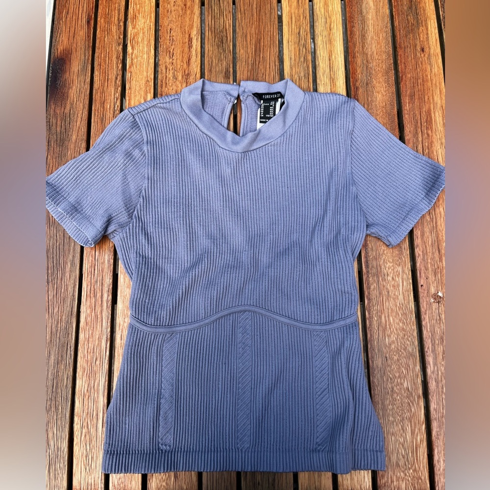 Forever 21 Elegant Blue Ribbed Short Sleeve Top